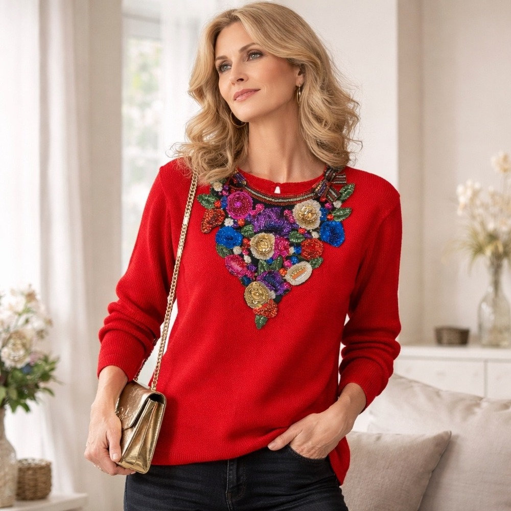 Vintage Eminent‎ 80s Beaded Sweater S Red 3D Sequin Floral Statement Glam Top